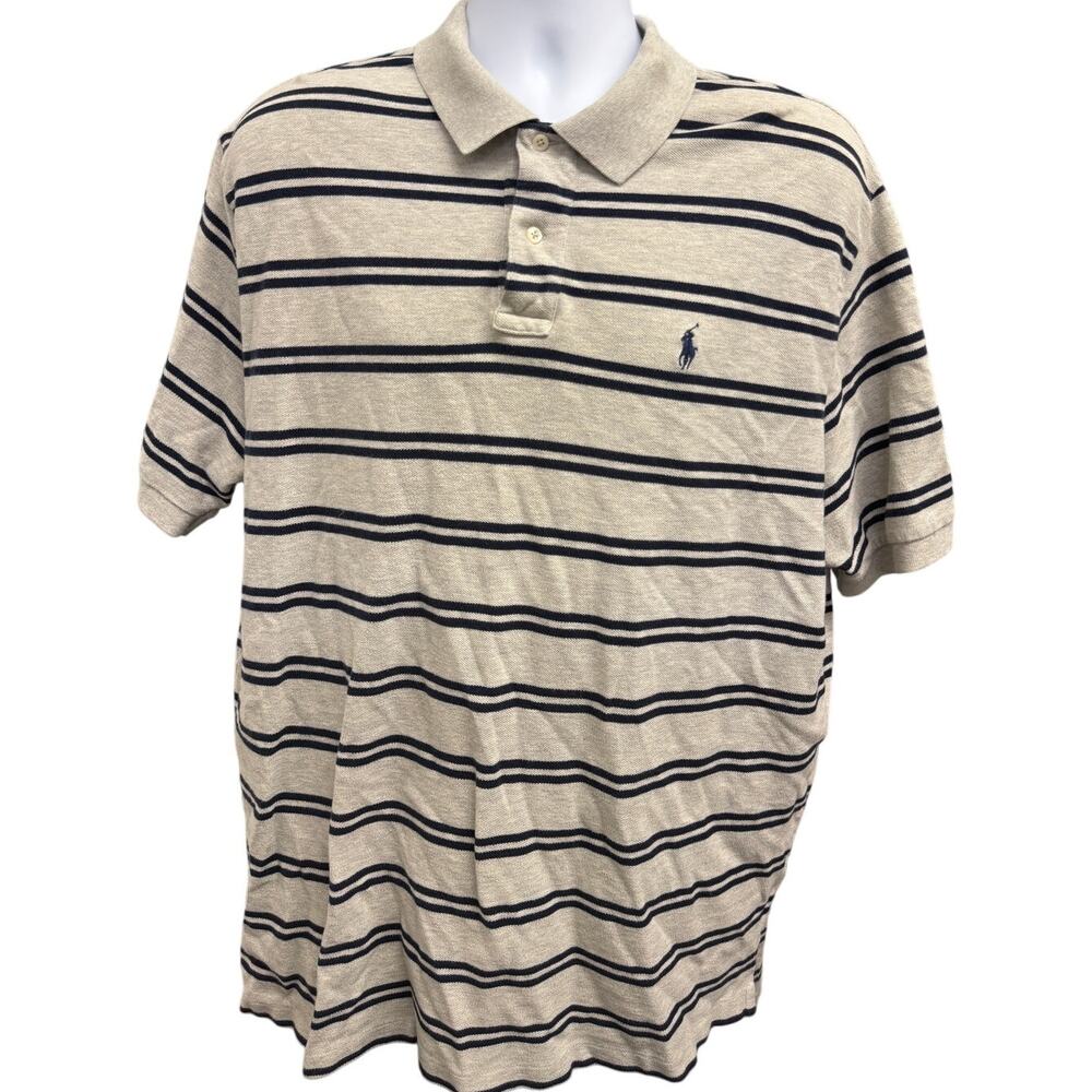 🕶 Polo Ralph Lauren XXL Striped Cotton Polo Shirt Beige Navy Classic Fit